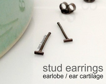 Men's Black Bar Stud Earrings | Gunmetal Black on 925 Sterling Silver | 3mm Minimal Stud |  Earlobe, Cartilage, Tragus, Helix