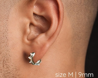 Mens Silver Medium 9mm Spiked Huggie Hoop Earrings | Flat Profile