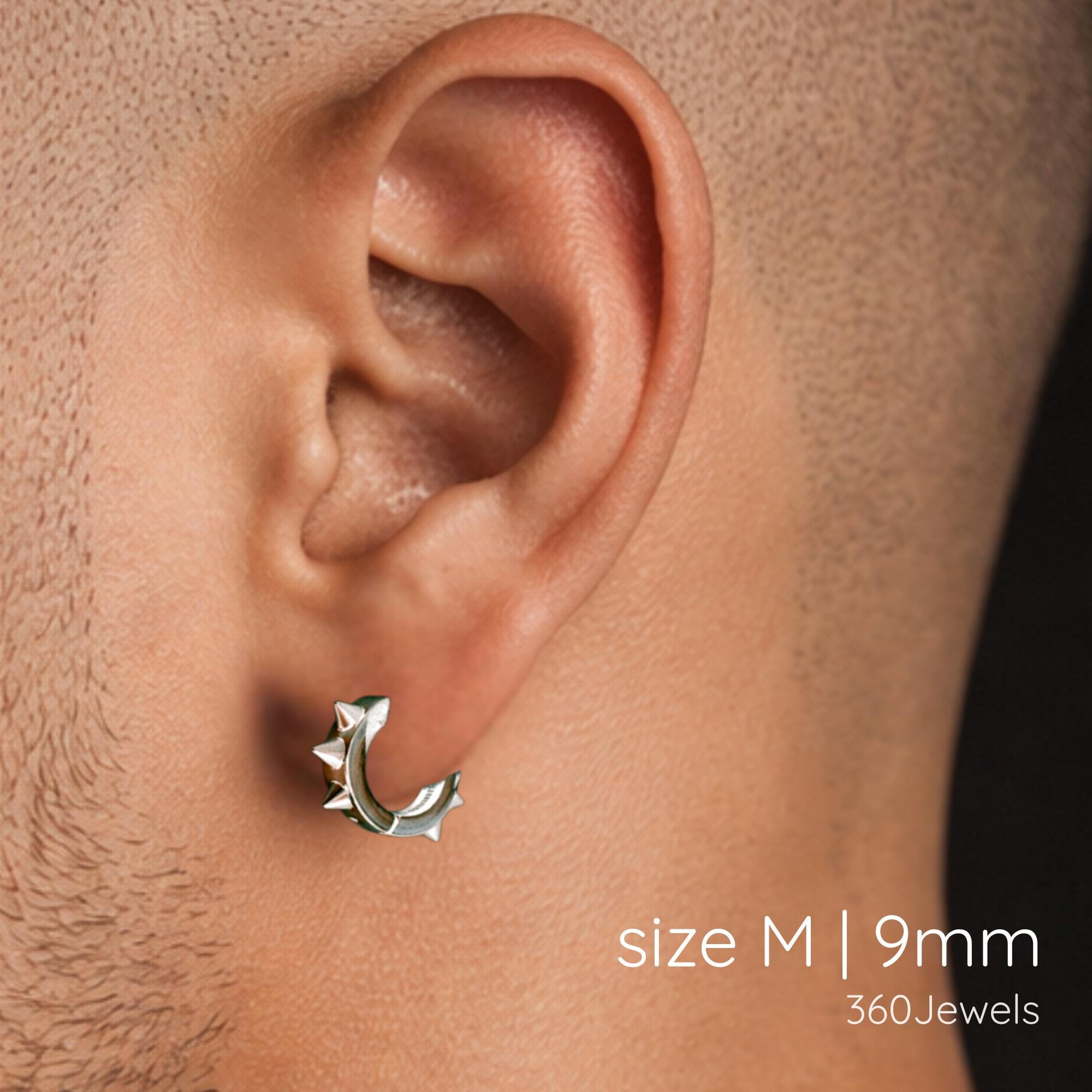 Mens Silver Medium 9mm Spiked Huggie Hoop Earrings | Flat Profile