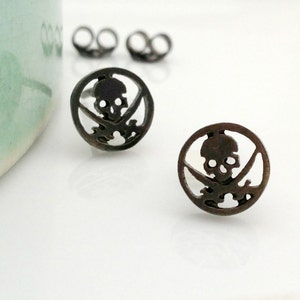 Men&#39;s stud earrings, men&#39;s earrings studs, skull stud earrings, black skull earrings, skull and sword stud earrings, black gold studs, 468G1