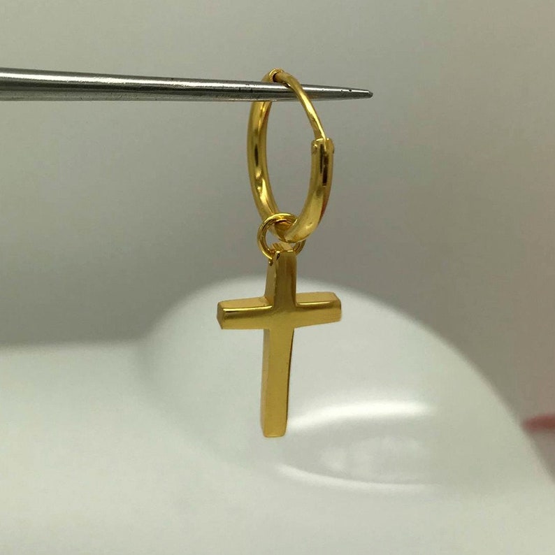 Gold cross earring for men, cross hoop earring, clip on and pierced earring, earrings for guy, dangling cross earring 552YC or 573SY image 4