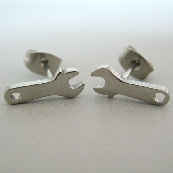 Men's Silver Stud Earrings - Wrench - Stainless Steel (no.415)