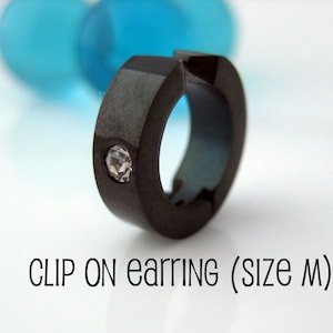 Midnight black clip on hoop earring, mens earrings, diamond cz accent hoop earring, stainless steel fake earring, clip on hoop, 579C