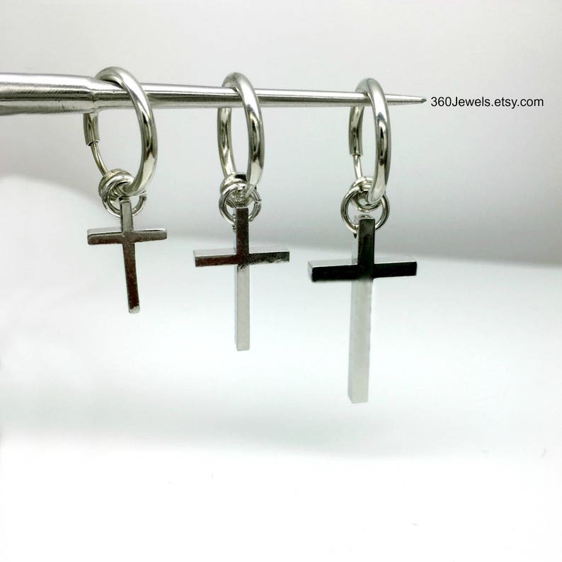 Cross clip on earring, mens earrings, cross earrings, clip earrings, silver cross earrings, earrings for men, dangling cross earring, 573SML image 2