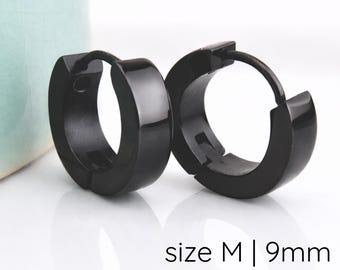Mens Black Medium 9mm Huggie Hoop | Polished Flat Profile Stainless Steel | Earlobe, Helix & Cartilage (154A)