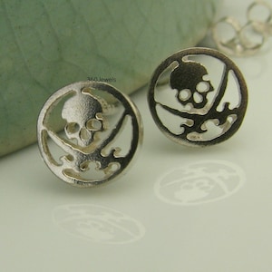 Skull and sword daredevil disc stud earrings for men, sterling silver stud earrings, skull stud earrings, earrings for men, 468G2