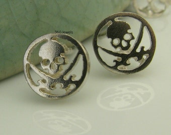 Skull and sword daredevil disc stud earrings for men, sterling silver stud earrings, skull stud earrings, earrings for men, 468G2