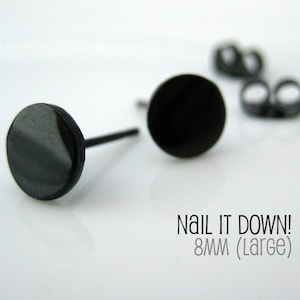 Men&#39;s earrings black stud, jet black stud earrings, earrings for men, fake plug, fake gauge, black steel studs, nail it down size L, 420L