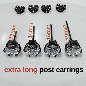 Men's Extra Long post CZ diamond stud earrings, thick earlobes, 14mm, 16mm, 19mm post, plated over 925 sterling silver, Black (515B)