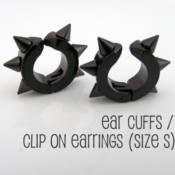 Clip on spike earrings - men's earrings - black ear cuff  - fake non piercing lobe or upper ear earring - black stainless steel hoops  579A