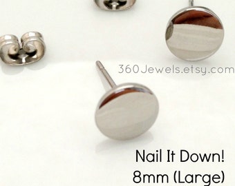 Men's stud earrings - men's earrings studs- steel flat disc stud earrings - fake plug earrings - fake gauge studs - 8mm nail it down 420Q