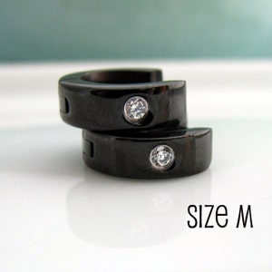 Mens Diamond CZ Earrings Black Huggie Hoop - Ear Cartilage Piercing - Tragus Hoop Earring- Steel - Medium no.155