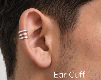 Men's Sterling Silver Ear Cuff | Triple Band Ear Cuff | No Piercing Earring | Wrap Helix Cartilage Cuff for Men