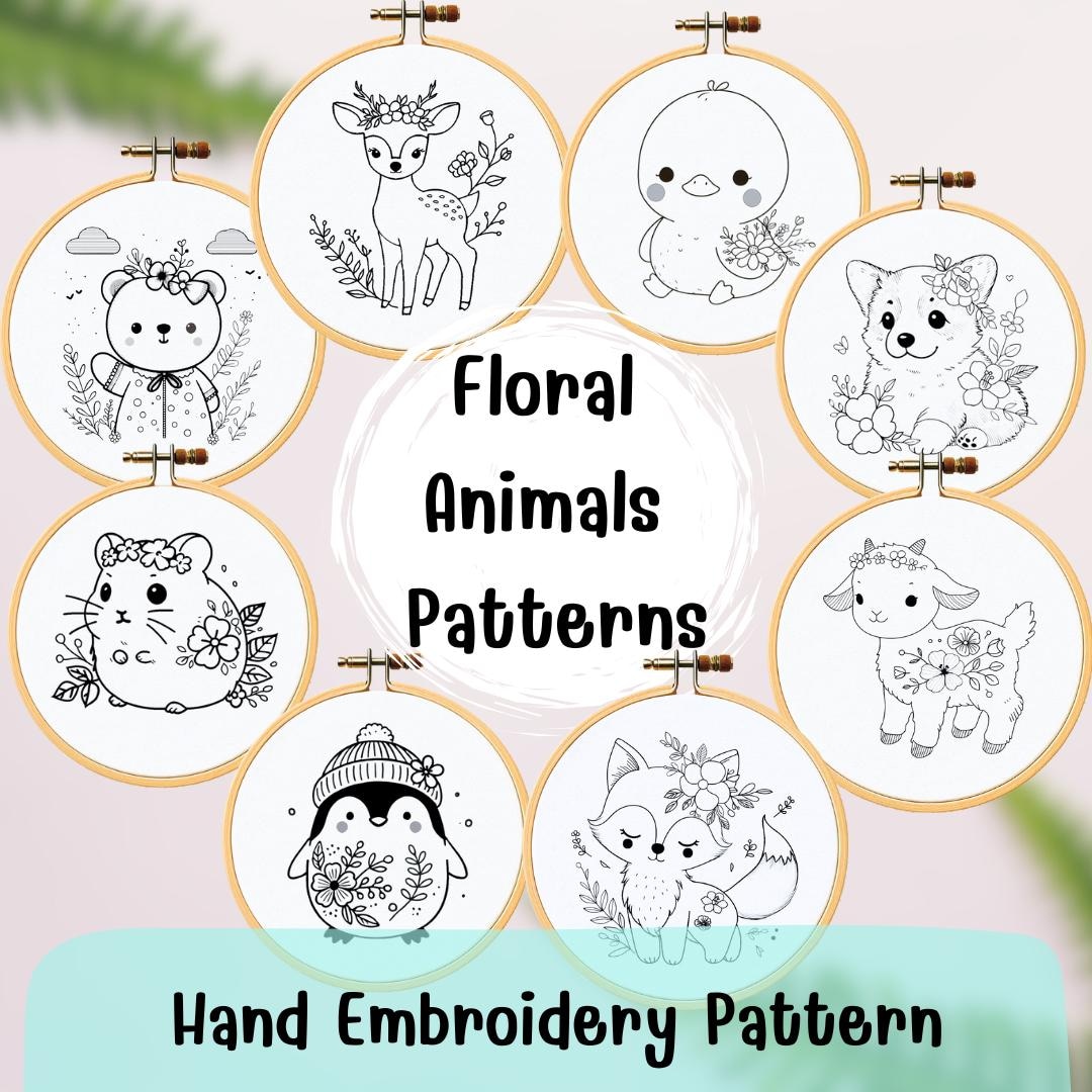 8 Animals Floral Line Art Hand Embroidery Design, Minimal Embroidery ...