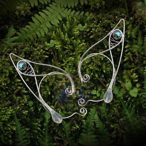 Silver Elf Ear Cuffs with Aura Crystals & Lava Beads | Fantasy Elven Earrings| No Piercing, Witchy Festival Jewelry
