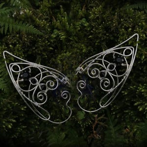 Silver Elf Ear Cuffs with Black Crystals | Gothic Cathedral Wire Wrapped Earcuffs| No Piercing|Fantasy Elven Jewelry | Alt jewelery