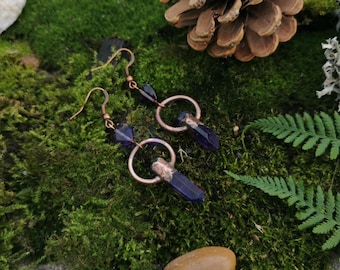 Purple quartz earring, copper earrings, witchy jewelry, elven earrings, fantasy accessories