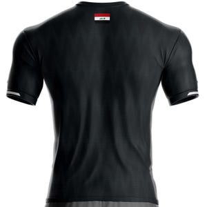 May include: Black short-sleeved athletic shirt with a textured pattern. The shirt has white trim on the sleeves and a small flag on the upper back. The flag has a red, white, and black design with green accents. Suitable for sports or casual wear.