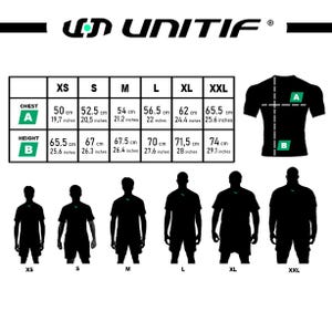May include: Size chart for a t-shirt with measurements in inches and centimeters. The chart shows chest and height measurements for sizes XS, S, M, L, XL, and XXL. The chart also includes a diagram of a t-shirt with labels for chest and height measurements.