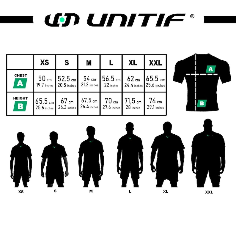 May include: Size chart for a t-shirt with measurements in inches and centimeters. The chart shows chest and height measurements for sizes XS, S, M, L, XL, and XXL. The chart also includes a diagram of a t-shirt with labels for chest and height measurements.
