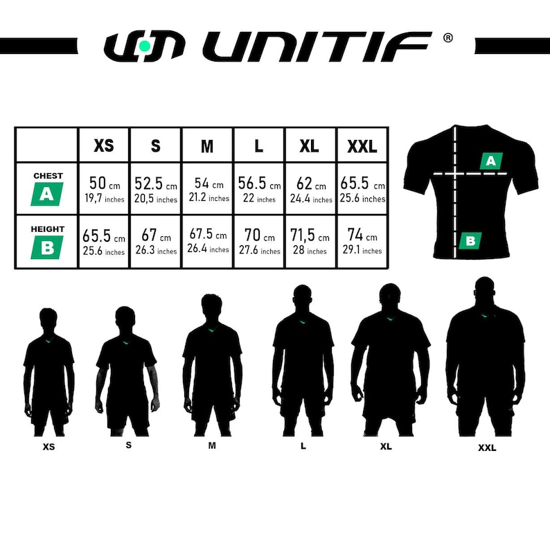 May include: A black and white graphic showing a t-shirt size chart, with chest and height measurements in centimetres and inches. The chart includes sizes XS to XXL. Silhouettes of people wearing t-shirts are also shown.
