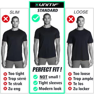 May include: Image showing three black t-shirts on a model: slim, standard, and loose fit. The standard fit is highlighted as the perfect fit, with text indicating it's not small, has tight sleeves, and a modern look. The brand name "UNITIF" is at the top.