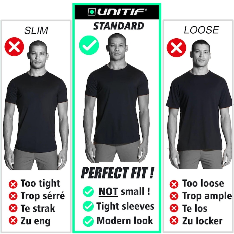 May include: Image showing three black t-shirts on a model: slim, standard, and loose fit. The standard fit is highlighted as the perfect fit, with text indicating it's not small, has tight sleeves, and a modern look. The brand name "UNITIF" is at the top.