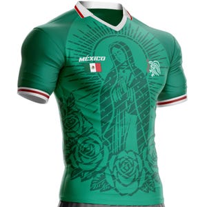 May include: Green soccer jersey with white and red trim. The jersey features a design of the Virgin Mary, roses, and the Mexican flag. The word "MÉXICO" is printed on the front.