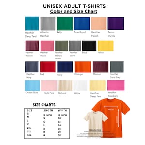 May include: A color and size chart for unisex adult t-shirts. The chart displays various colors, including Heather Deep Teal, Athletic Heather, and Kelly Green. Size charts show measurements in inches for sizes S to 4XL. The fabrication is 100% combed and ring-spun cotton.