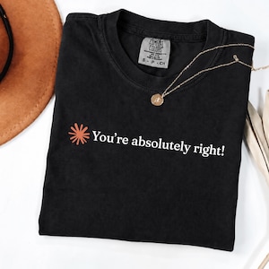 May include: A black short-sleeved t-shirt featuring a small orange sunburst icon and the white text "You're absolutely right!" printed on the chest. The shirt has a Comfort Colors brand label at the inner neckline indicating a size small.