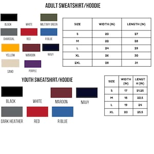 May include: Image displays a chart for adult and youth sweatshirt/hoodie sizes. Adult sizes range from S to 2XL, with widths from 20 to 28 inches and lengths from 27 to 31 inches. Youth sizes range from S to XL.