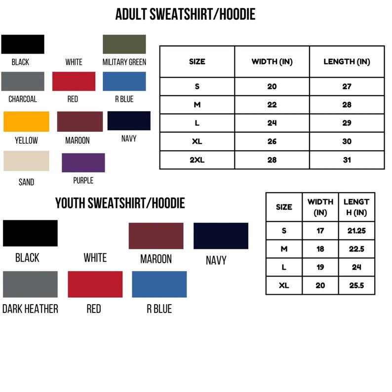 May include: Image displays a chart for adult and youth sweatshirt/hoodie sizes. Adult sizes range from S to 2XL, with widths from 20 to 28 inches and lengths from 27 to 31 inches. Youth sizes range from S to XL.