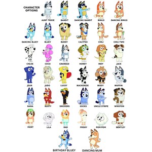 May include: A collection of cartoon dog characters, each with unique designs and names. The image includes characters like Bluey, Bingo, and Bandit, with the text "CHARACTER OPTIONS" at the top. The characters are in various poses and colors.