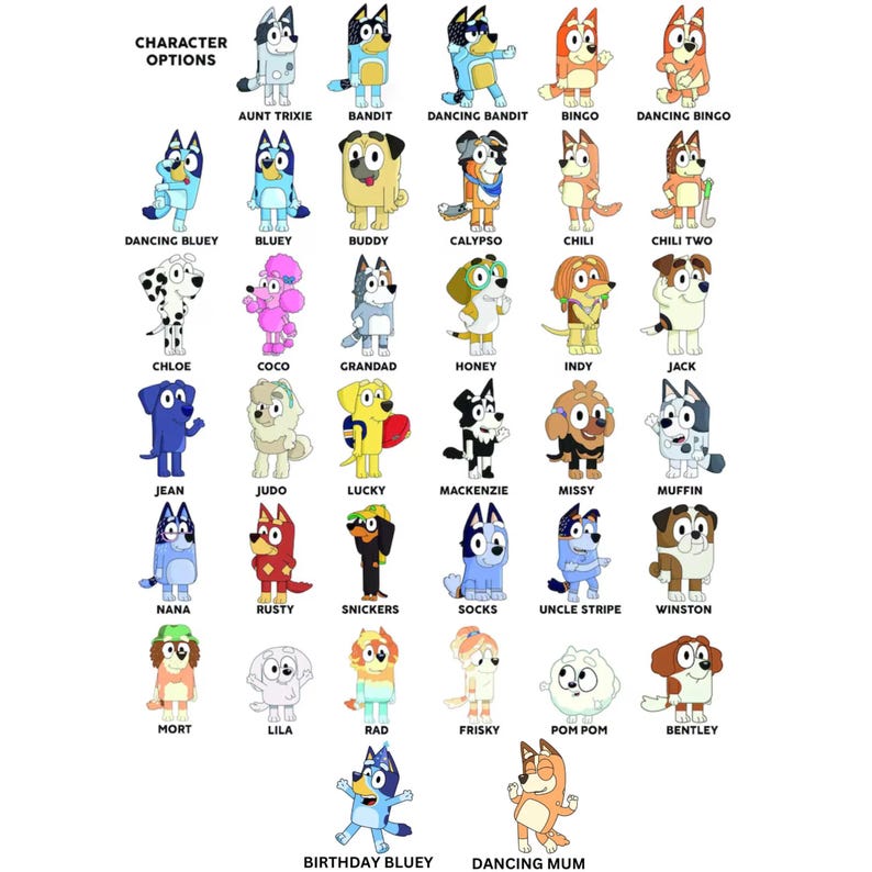 May include: A collection of cartoon dog characters, each with unique designs and names. The image includes characters like Bluey, Bingo, and Bandit, with the text "CHARACTER OPTIONS" at the top. The characters are in various poses and colors.