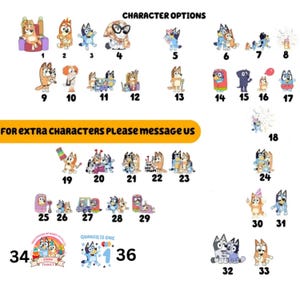 May include: A collection of cartoon character options, each numbered and featuring various poses and designs. The image includes text that reads "CHARACTER OPTIONS" and "FOR EXTRA CHARACTERS PLEASE message us."