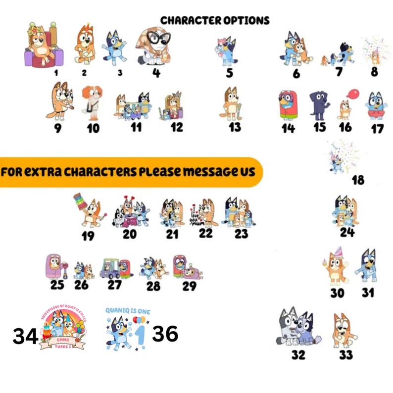 May include: A collection of cartoon character options, each numbered and featuring various poses and designs. The image includes text that reads "CHARACTER OPTIONS" and "FOR EXTRA CHARACTERS PLEASE message us."