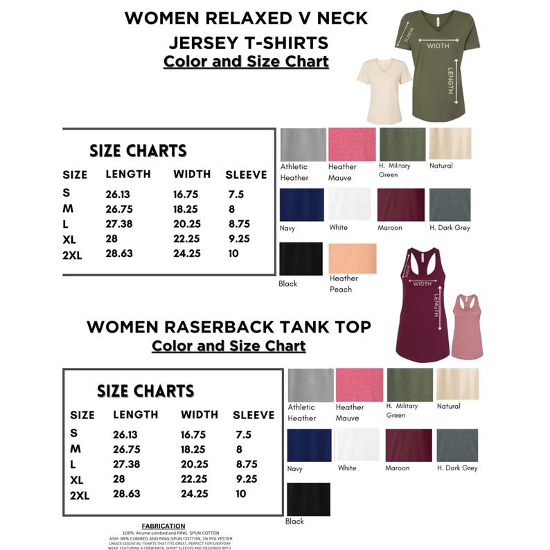 May include: A chart displaying size and color options for women's relaxed V-neck jersey t-shirts and racerback tank tops. The size chart includes measurements in inches for length, width, and sleeve length, along with color swatches.