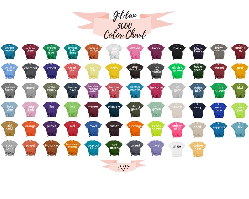 May include: A color chart for Gildan 5000 t-shirts, showcasing a wide array of colors. The chart displays various hues, including antique sapphire, black, and white. The text "Gildan 5000 Color Chart" is visible. The chart is designed to help customers choose their preferred t-shirt color.