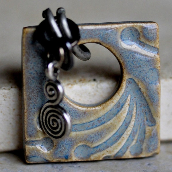 Abstract Ceramic Pendant in Porpoise Grey & Amber Cream glazes, square ceramic jewelry in porcelain clay, handcarved design by Artgirl56