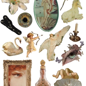 May include: A collection of vintage illustrations and images, including a white lily, a unicorn, a swan, a cherub with a bow and arrow, a woman with wings, a framed portrait of a woman's eye, a bottle of perfume, a seashell with a pearl, a candle holder, and a framed image of the Birth of Venus.
