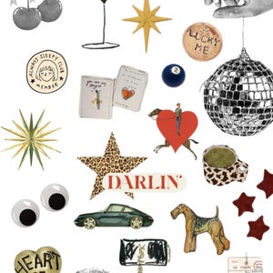 Op de afbeelding: Een verzameling kleurrijke en grillige illustraties, waaronder een martini-glas, een discobal, een ster met een luipaardprint, een auto, een hond, een zonnebril, een hart met de tekst "Heart of Gold", een hart met de tekst "Darlin", een ster met de tekst "Lucky Me", een ster met de tekst "Always Sleepy Club Member", een ster met de tekst "You are my magic", een ster met de tekst "Par", een paar schielen ogen en een mok met een luipaardprint.