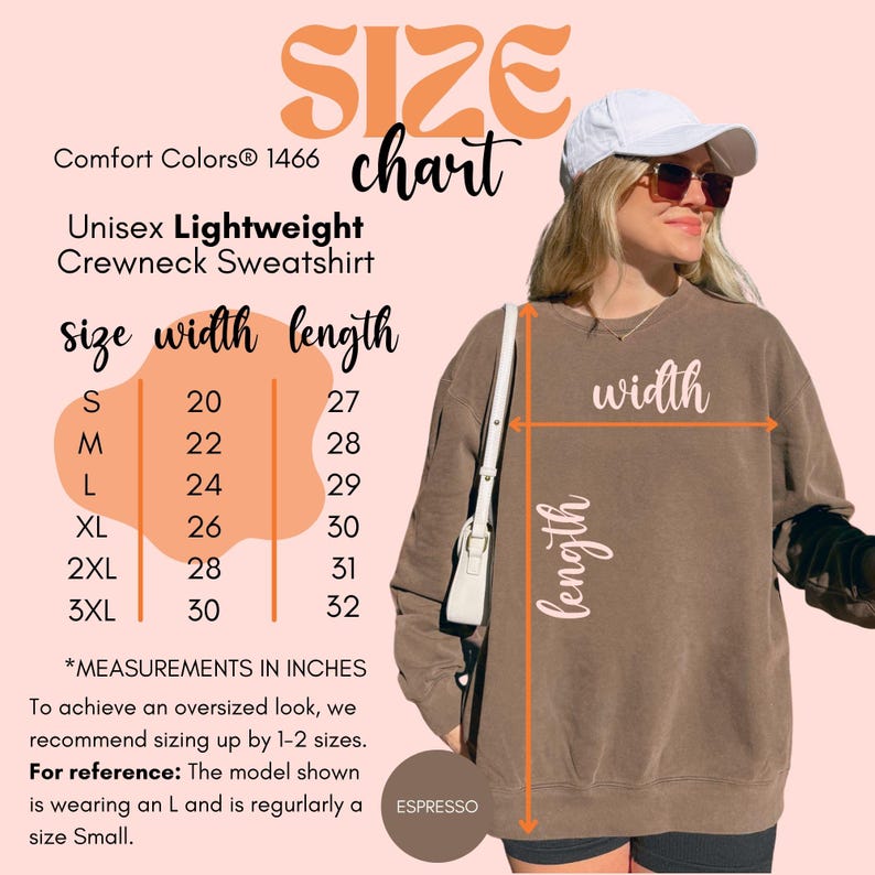May include: A size chart for a unisex lightweight crewneck sweatshirt in espresso. The chart shows measurements in inches for sizes S to 3XL, with width ranging from 20 to 30 inches and length from 27 to 32 inches. The text also recommends sizing up for an oversized look.