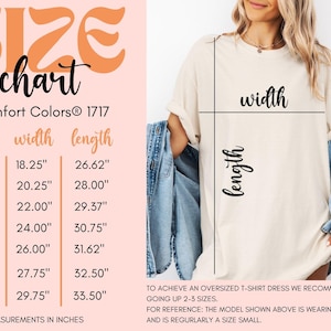 May include: Size chart for a t-shirt with measurements in inches. The chart shows the width and length of the shirt in sizes S, M, L, XL, 2XL, 3XL, and 4XL. Comfort Colors&reg; 1717. *Measurements in inches*