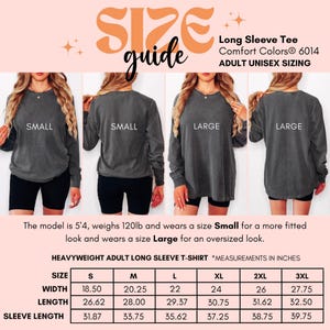 May include: Size guide graphic for a heavyweight adult unisex long sleeve t-shirt. The image shows models wearing the shirt in sizes Small and Large. Measurements in inches are provided for sizes S through 3XL, including width, length, and sleeve length.