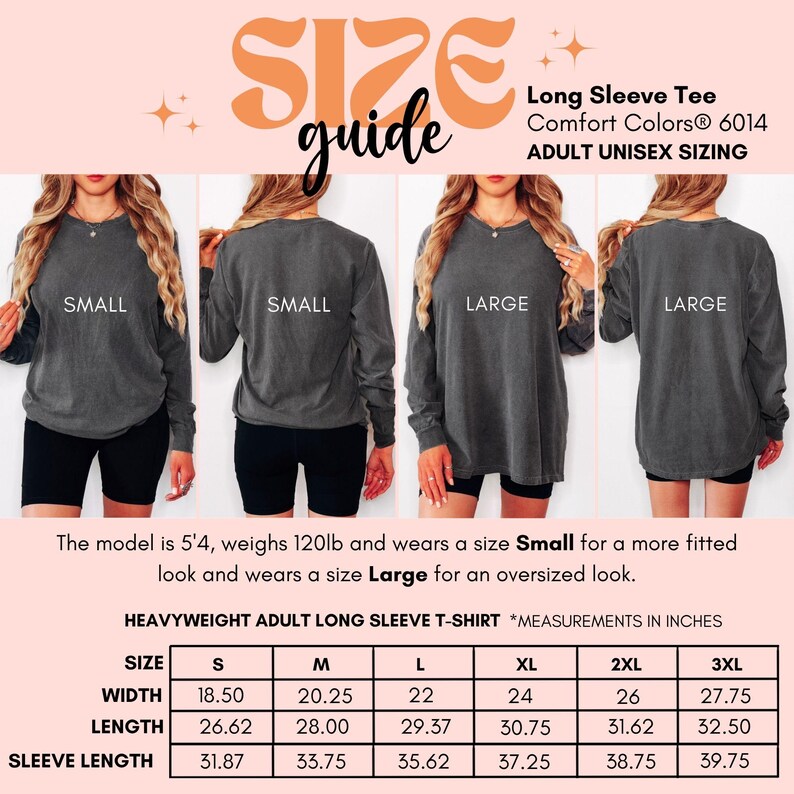 May include: Size guide graphic for a heavyweight adult unisex long sleeve t-shirt. The image shows models wearing the shirt in sizes Small and Large. Measurements in inches are provided for sizes S through 3XL, including width, length, and sleeve length.