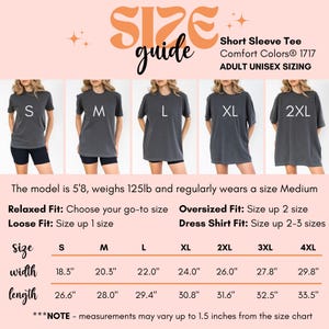 May include: Size guide for a short sleeve tee shirt. The guide shows the measurements for sizes S to 4XL. The model is 5'8" and weighs 125lb. The width measurements range from 18.3" to 29.8", and the length measurements range from 26.6" to 33.5".