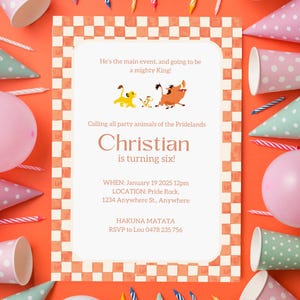 Lion King Theme Birthday Invitation | Customizable Digital Invite | Safari Jungle | Simba, Timon, Pumbaa | cant wait to be king