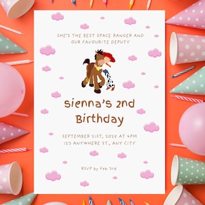 Toy Story Kids Birthday Party Invitation | Jessie the Cowgirl Bullseye the Horse | Customizable Aesthetic Woody Cowboy Buzz Space Ranger