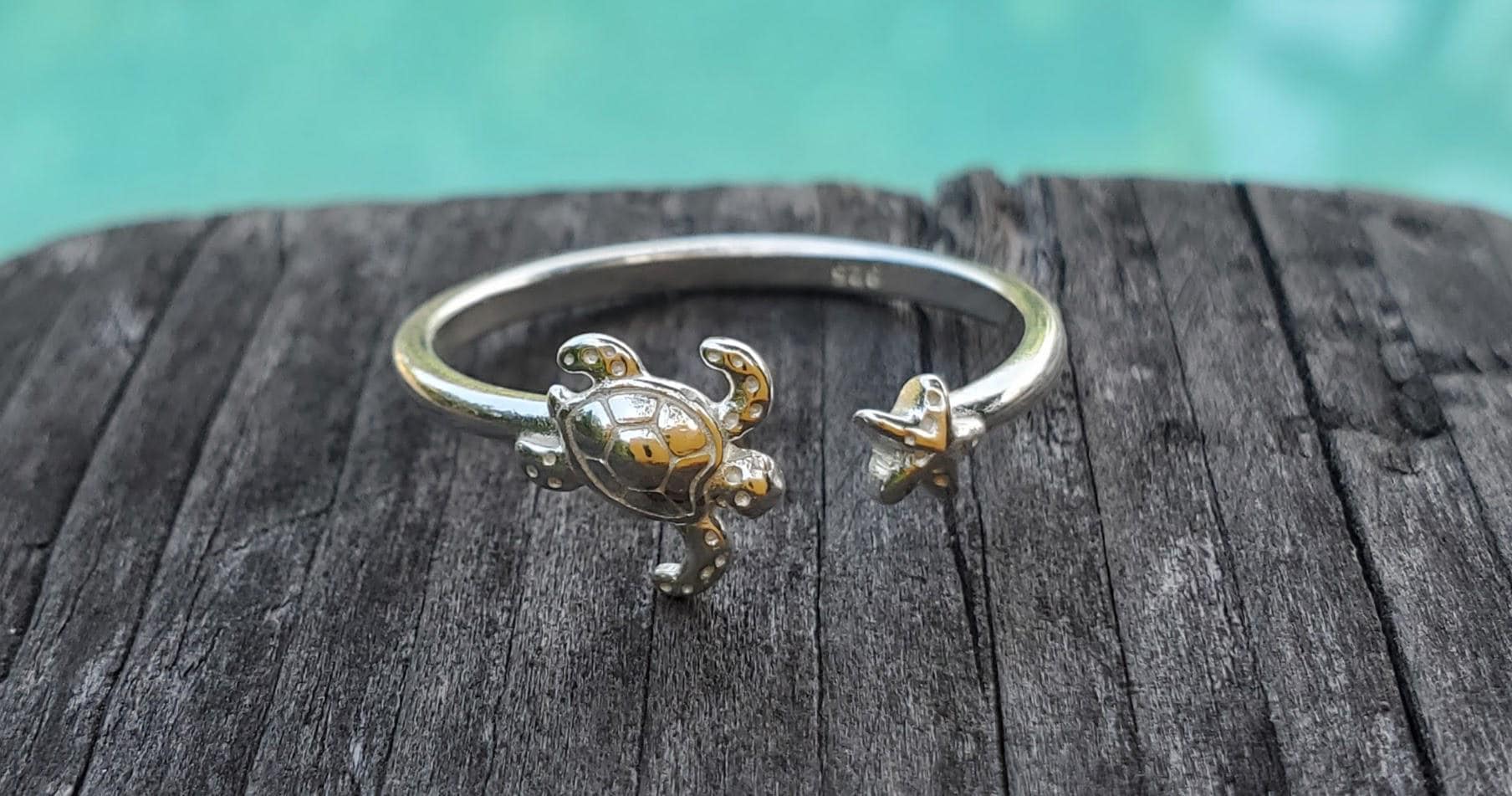 Silver Open Wrap Ring Baby Sea Turtle and Starfish Adjustable Petite ...
