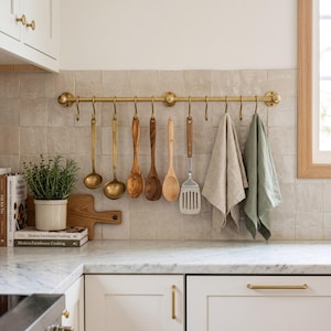 Unlacquered Brass Kitchen Pot Rail with Hooks, Solid Brass Wall Mounted Pot Rack, Hanging Kitchen Rail, Handmade Pot Organizer